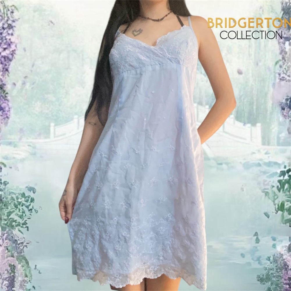 Vintage 1990s Urban Life Coquette Baby Blue Embroidered Lace Dress